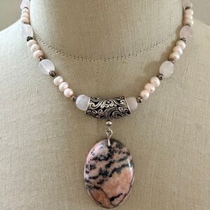 Sterling Silver Rhodonite Pendant Necklace w Freshwater Pearls
